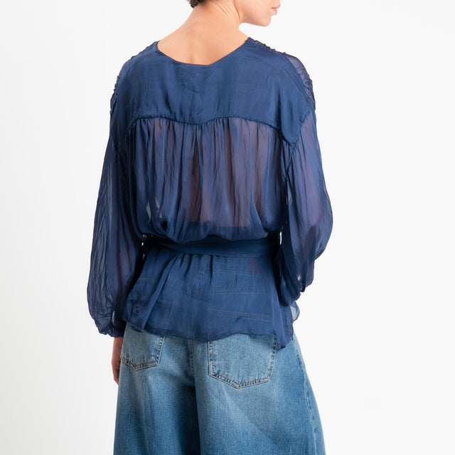 Haveone-Blusa mussola con fusciacca misto seta - blu