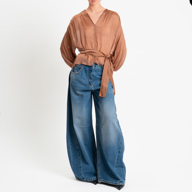 Haveone-Blusa mussola con fusciacca misto seta - caramello