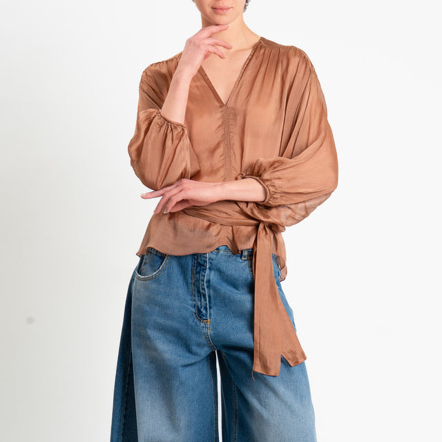 Haveone-Blusa mussola con fusciacca misto seta - caramello