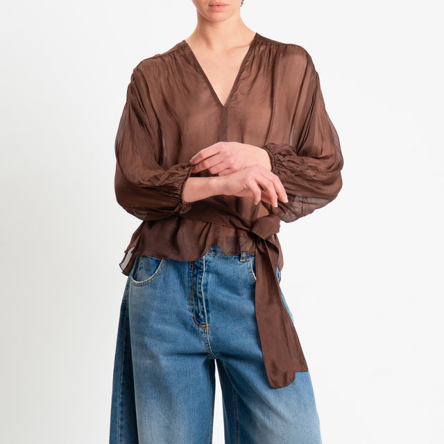 Haveone-Blusa mussola con fusciacca misto seta - cioccolato