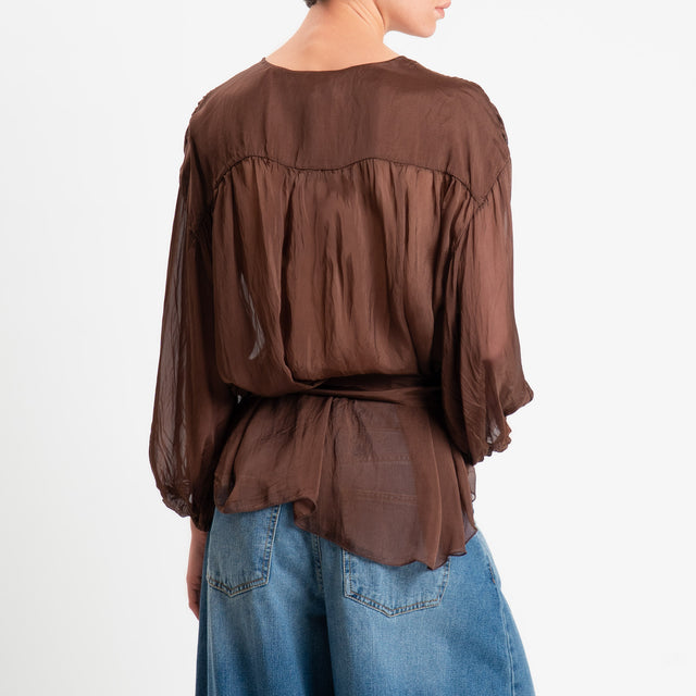 Haveone-Blusa mussola con fusciacca misto seta - cioccolato