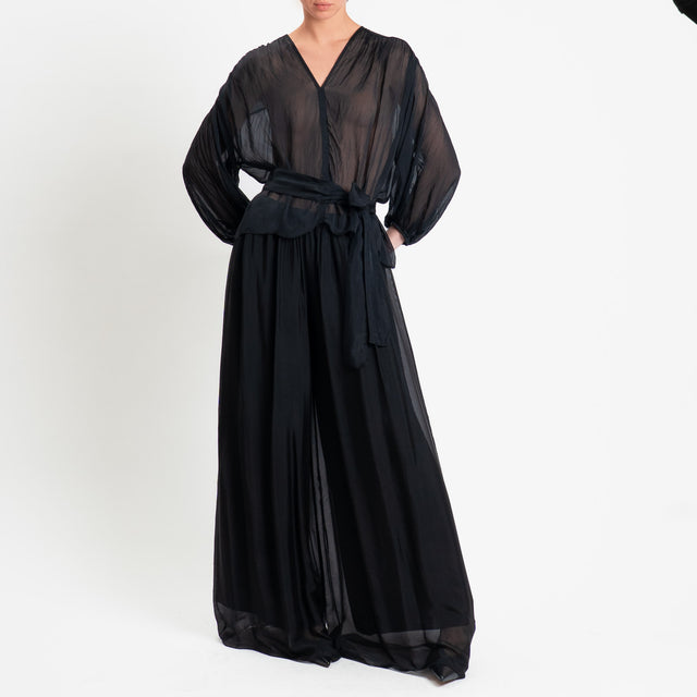 Haveone-Blusa mussola con fusciacca misto seta - nero