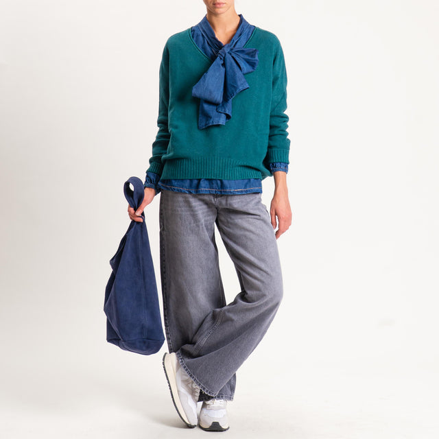 Haveone-Blusa chambray con fiocco - denim