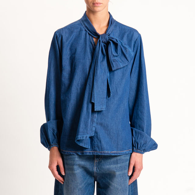 Haveone-Blusa chambray con fiocco - denim