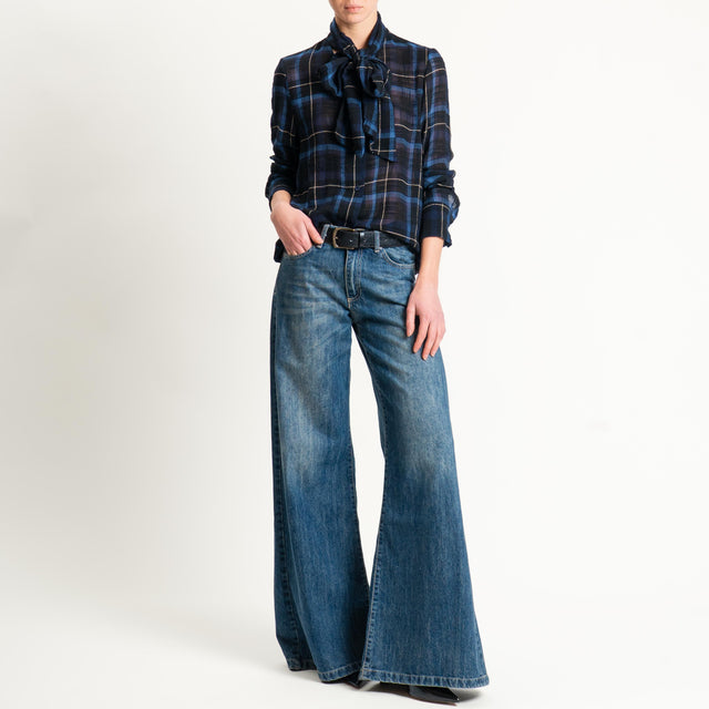 Haveone-Camicia tartan tessuto garzato - nero/blu/sand