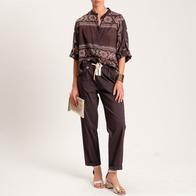 Haveone -Camicia mussola collo coreana fantasia - moro/latte