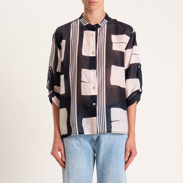 Haveone-Camicia in mussola fantasia optical - burro/nero