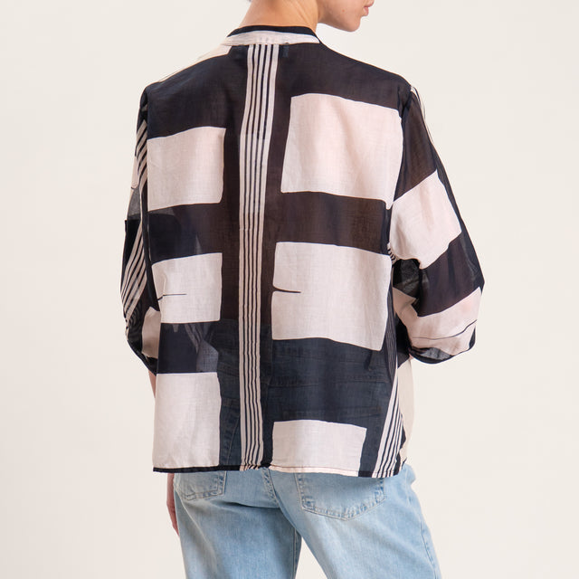 Haveone-Camicia in mussola fantasia optical - burro/nero