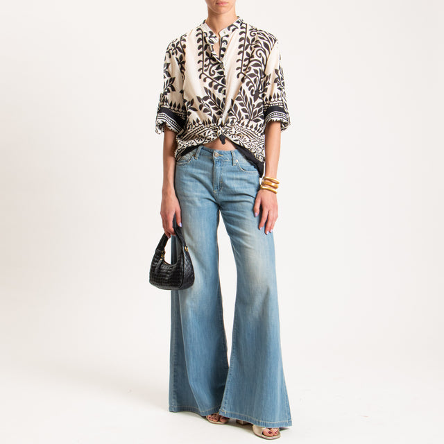 Haveone-Camicia mussola collo coreana fantasia - latte/nero