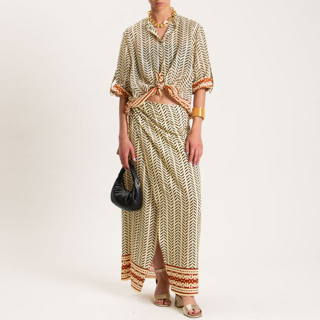 Haveone-Camicia mussola collo coreana fantasia - sand/nero/coccio