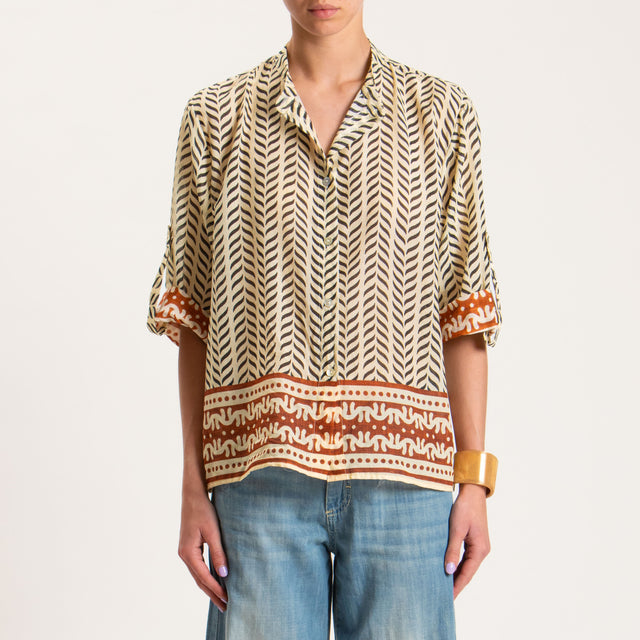 Haveone-Camicia mussola collo coreana fantasia - sand/nero/coccio
