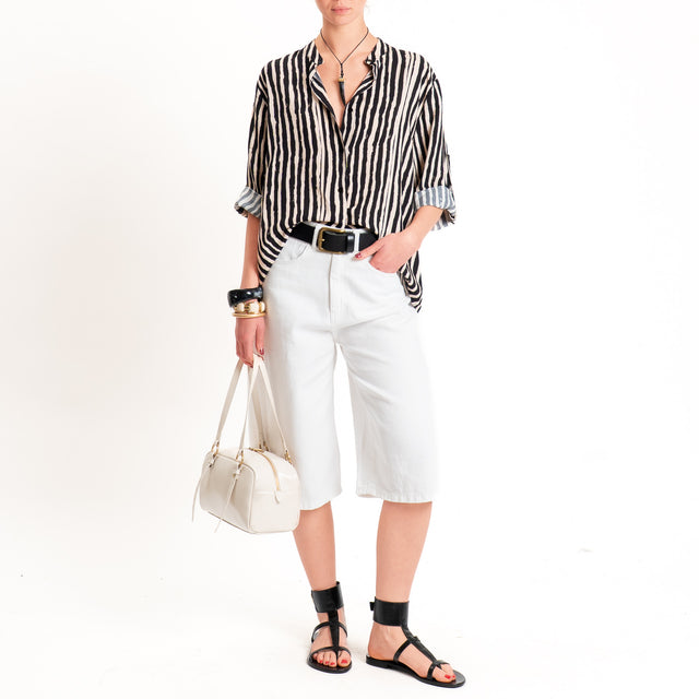 Haveone-Camicia fantasia righe collo coreana - sand/nero
