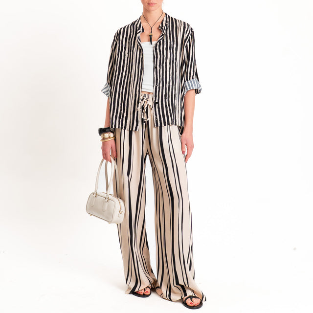 Haveone-Camicia fantasia righe collo coreana - sand/nero