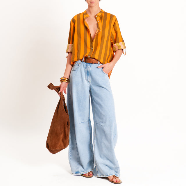 Haveone-Camicia righe collo coreana - arancio/kaki