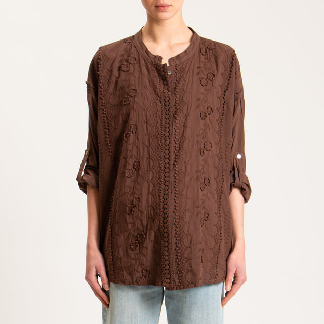 Haveone-Camicia mussola ricami con passamaneria - cacao
