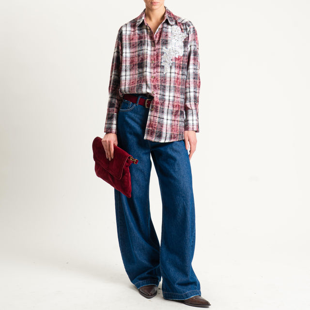 Haveone- Camicia in flanella con patch - bordeaux/nero