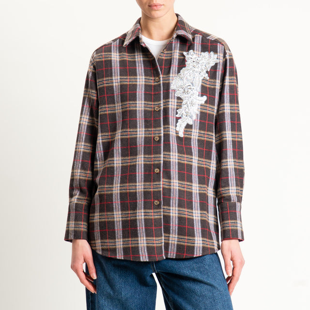 Haveone-Camicia check in flanella con strass - moro/latte/red
