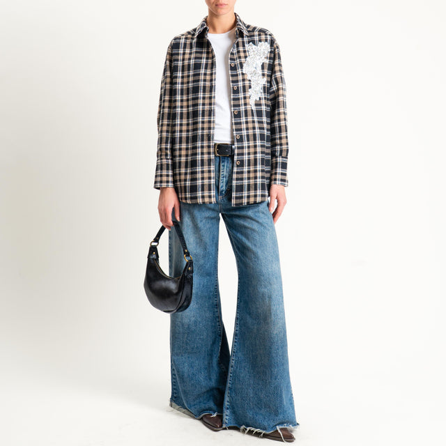 Haveone-Camicia check in flanella con strass - nero/latte/beige