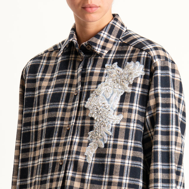 Haveone-Camicia check in flanella con strass - nero/latte/beige