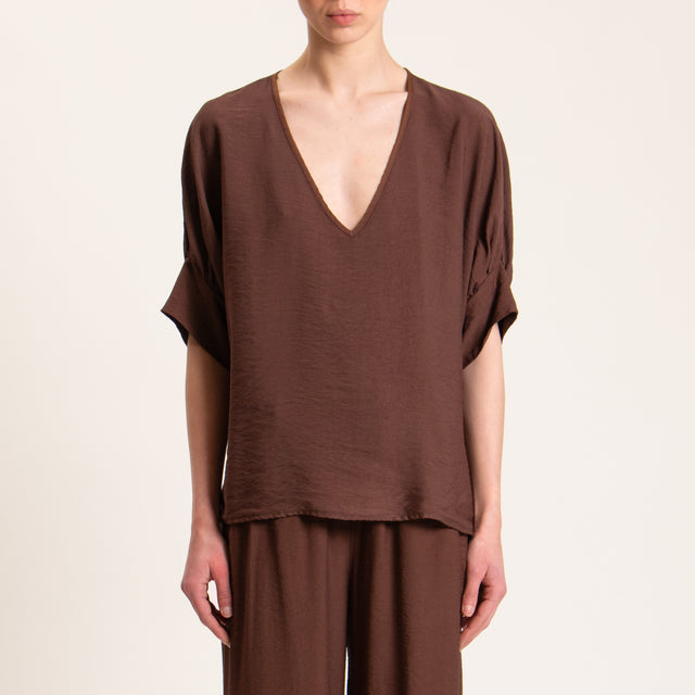 Haveone-Blusa viscosa goffrato scollo v - cioccolato