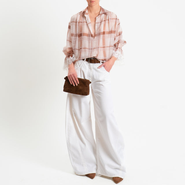 Haveone-Blusa check mussola di lyocell con pizzo - cipria/burro