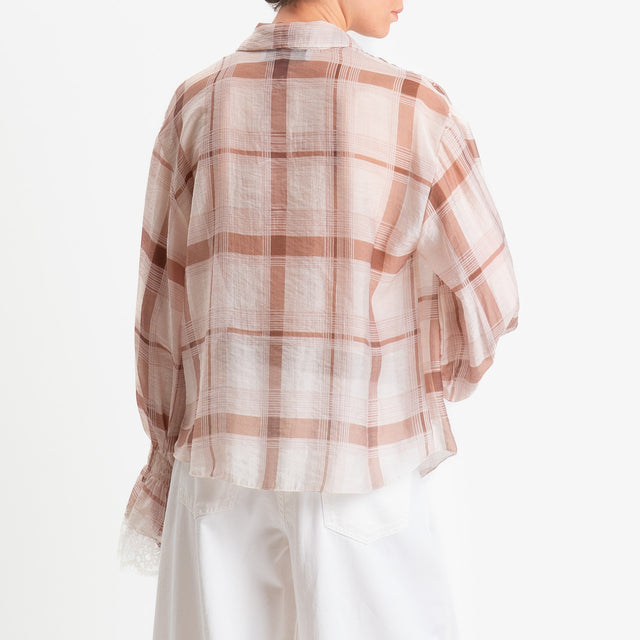 Haveone-Blusa check mussola di lyocell con pizzo - cipria/burro