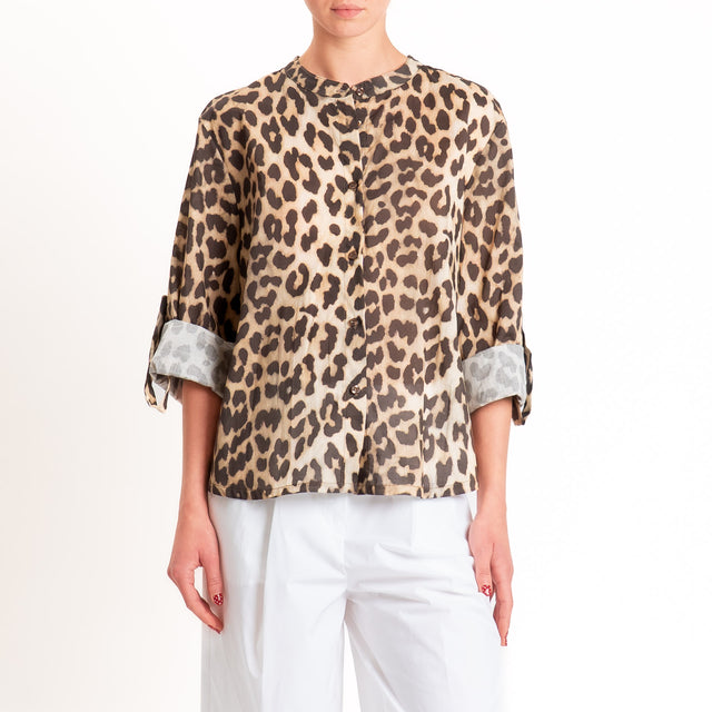 Haveone-Camicia fantasia animalier in mussola - beige/moro
