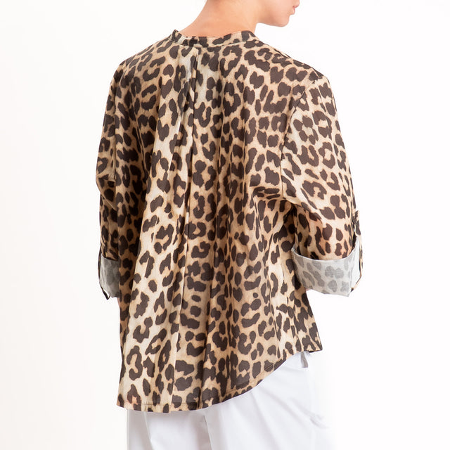 Haveone-Camicia fantasia animalier in mussola - beige/moro
