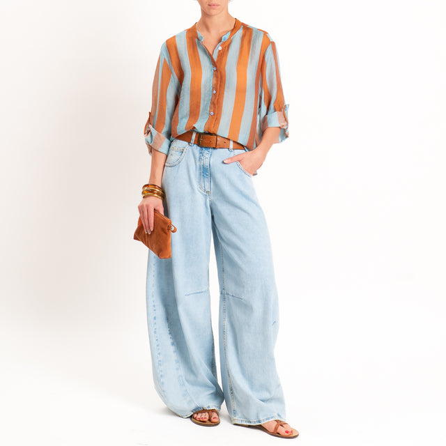 Haveone-Camicia a righe mussola di lyocell - celeste/tabacco