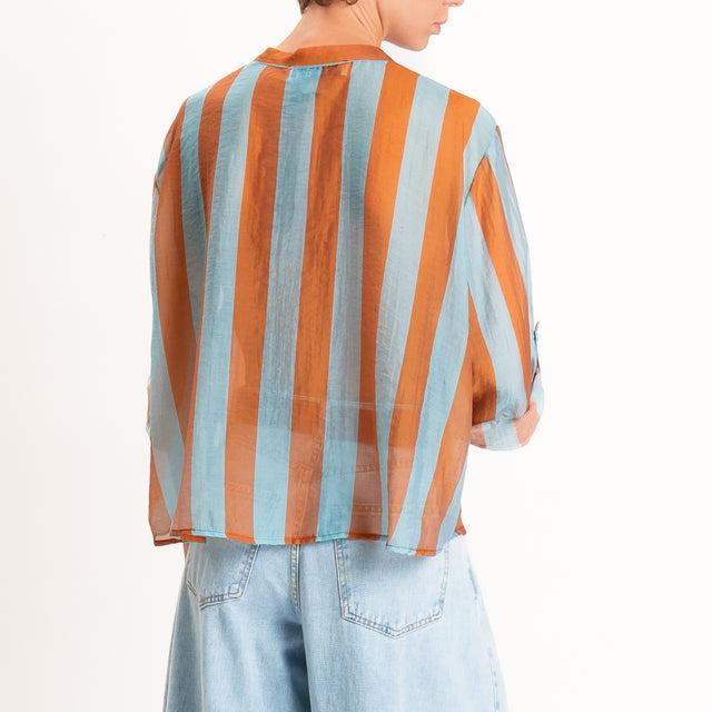 Haveone-Camicia a righe mussola di lyocell - celeste/tabacco