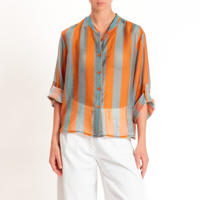 Haveone-Camicia a righe mussola di lyocell - salvia/arancio