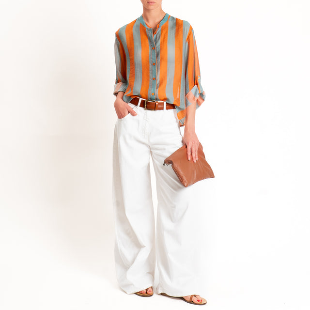 Haveone-Camicia a righe mussola di lyocell - salvia/arancio