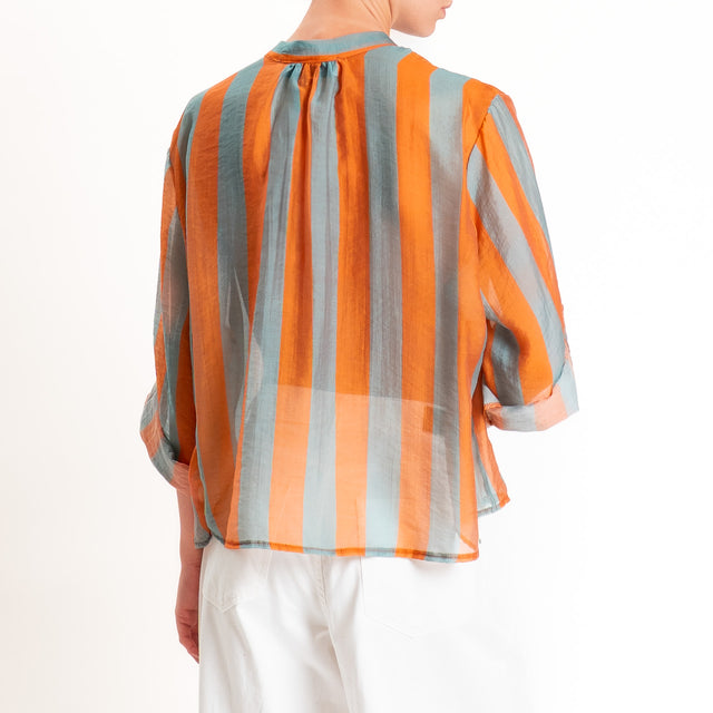Haveone-Camicia a righe mussola di lyocell - salvia/arancio