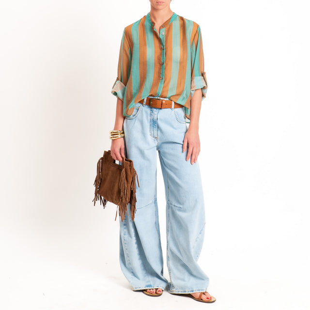 Haveone-Camicia a righe mussola di lyocell - tabacco/turchese