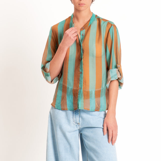 Haveone-Camicia a righe mussola di lyocell - tabacco/turchese