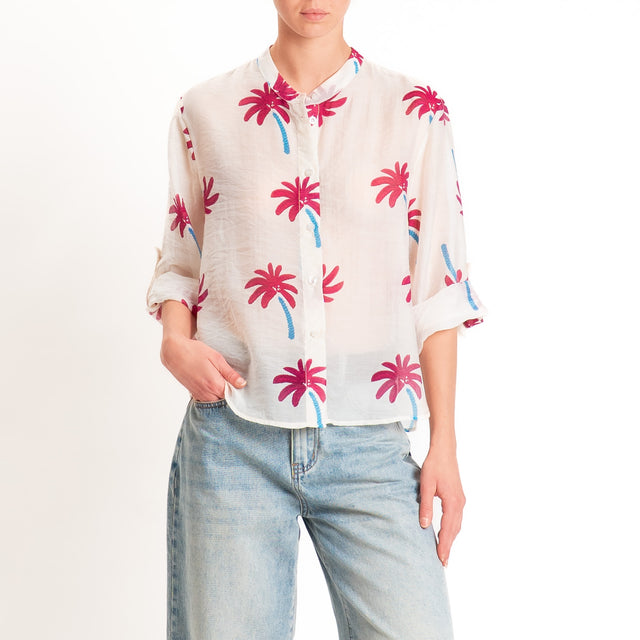 Haveone-Camicia mussola lyocell fantasia palme - burro/malva/royal