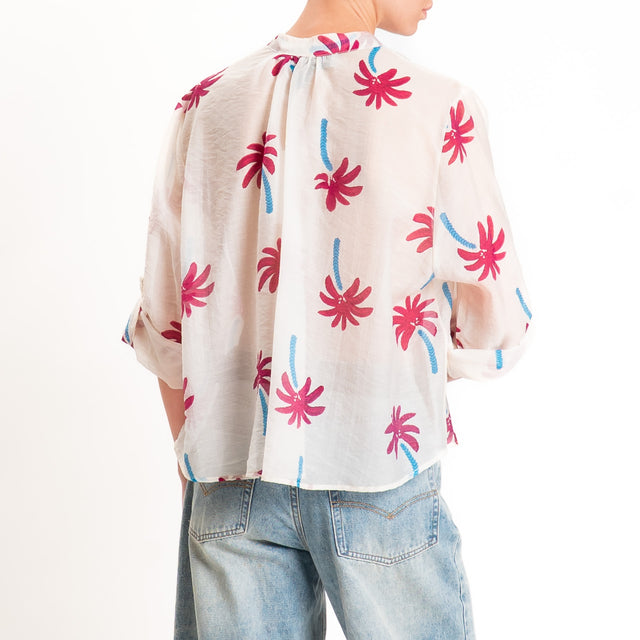 Haveone-Camicia mussola lyocell fantasia palme - burro/malva/royal