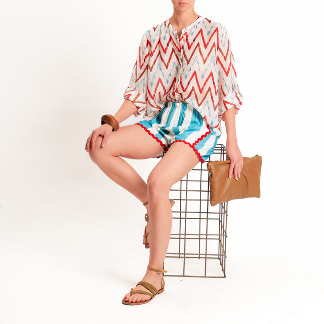 Haveone-Camicia mussola fantasia collo coreana - burro/rosso/azzurro