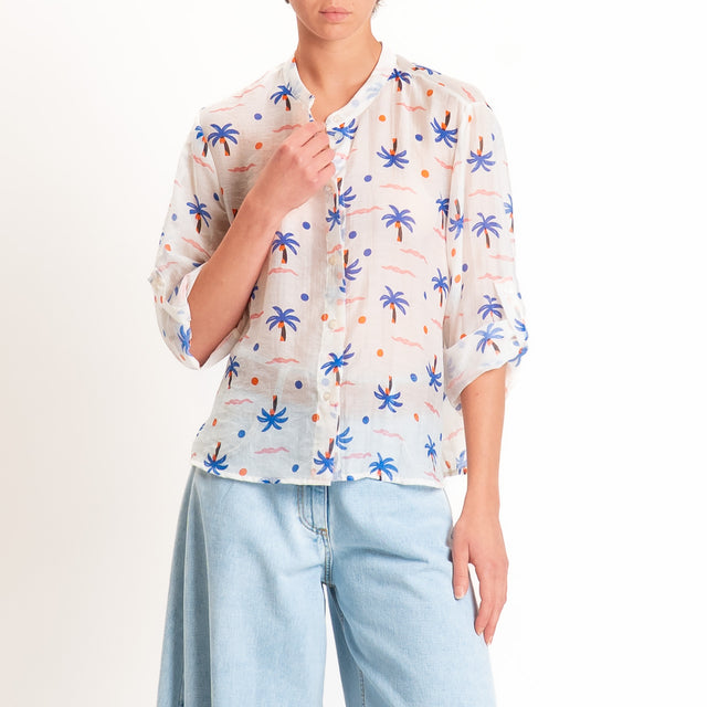 Haveone-Camicia mussola lyocell fantasia palme - burro/royal/arancio