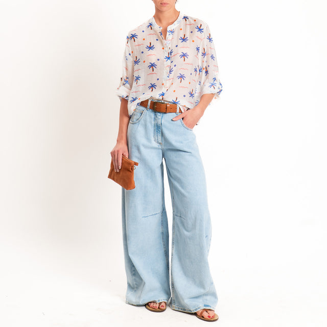 Haveone-Camicia mussola lyocell fantasia palme - burro/royal/arancio