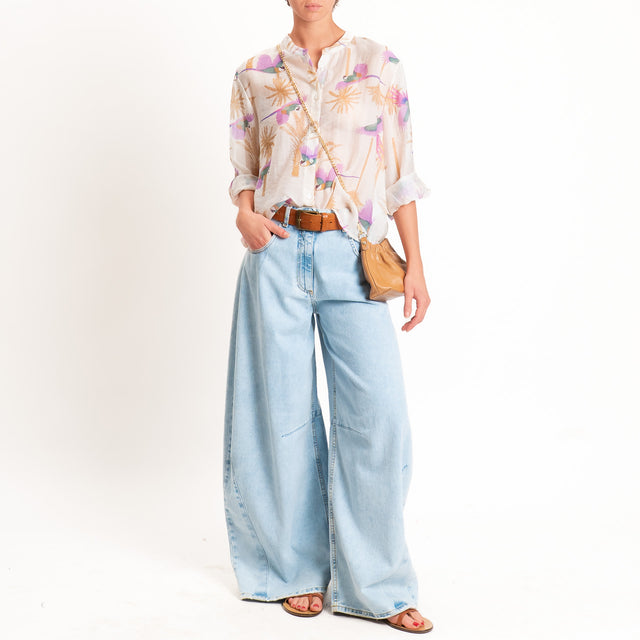 Haveone-Camicia mussola lyocell fantasia pappagalli - burro/lilla
