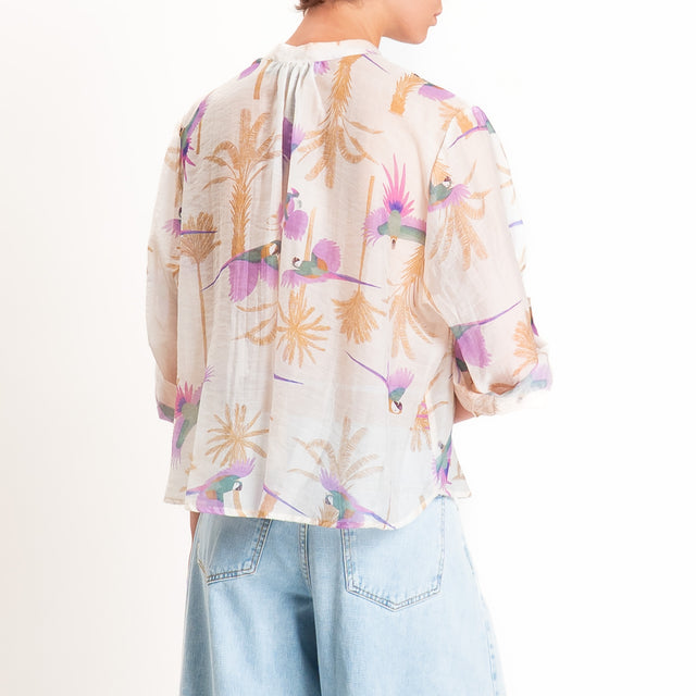 Haveone-Camicia mussola lyocell fantasia pappagalli - burro/lilla