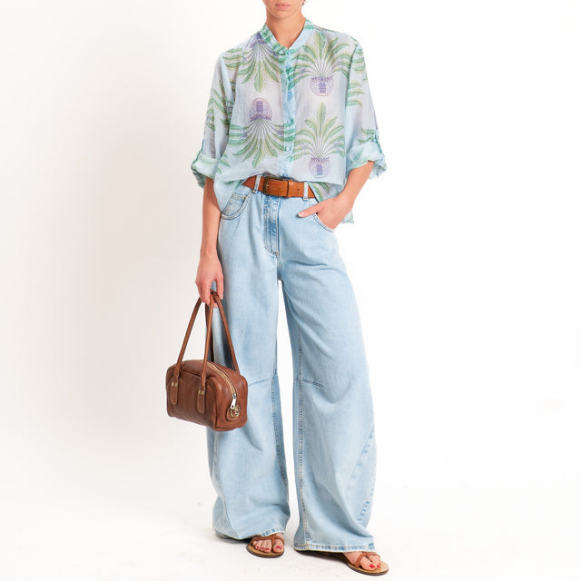 Haveone-Camicia mussola lyocell fantasia japan - cielo/menta