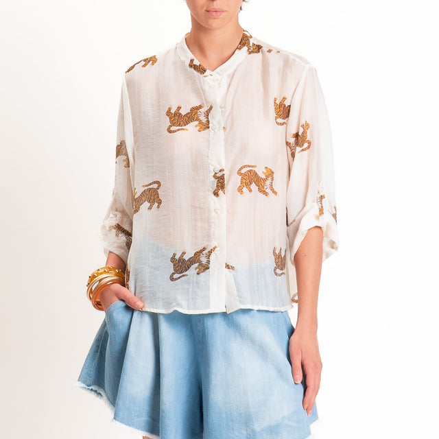 Haveone-Camicia mussola lyocell fantasia tigri - burro/tabacco