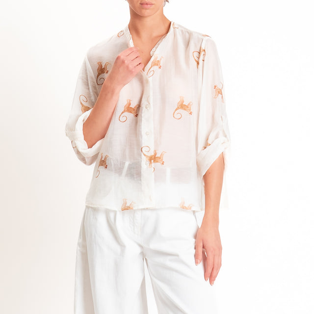 Haveone-Camicia mussola lyocell fantasia scimmie - burro/tabacco
