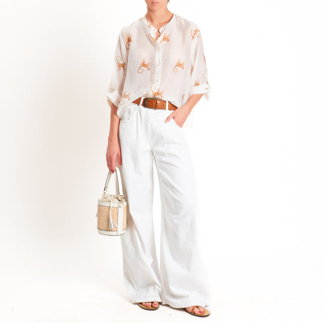 Haveone-Camicia mussola lyocell fantasia scimmie - burro/tabacco