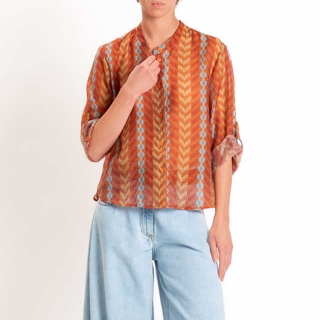 Haveone-Camicia mussola lyocell fantasia zig zag - tabacco/coccio/azzurro