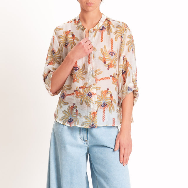 Haveone-Camicia mussola lyocell fantasia pavoni - burro/tabacco/olio