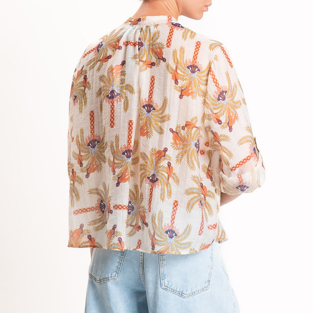 Haveone-Camicia mussola lyocell fantasia pavoni - burro/tabacco/olio
