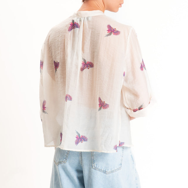 Haveone-Camicia mussola di lyocell fantasia pappagalli - burro/fucsia
